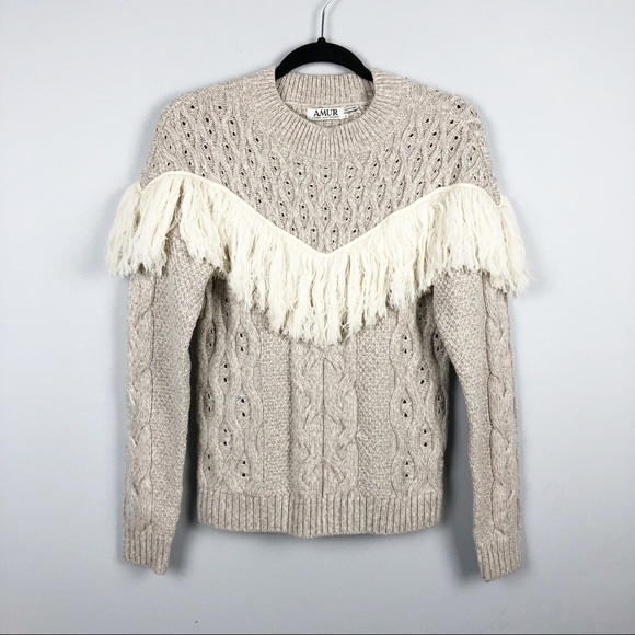 Amur Ulla Fringe Cable Merino Wool Round Neck Sweater Small Cream Pink Winter - Picture 3 of 6